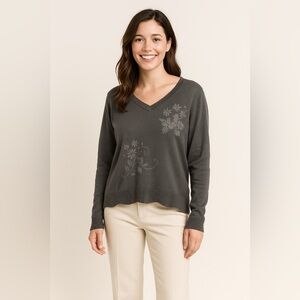 Eddie Bauer Gray Button Down Cardigan Flower Applique Sz M GUC